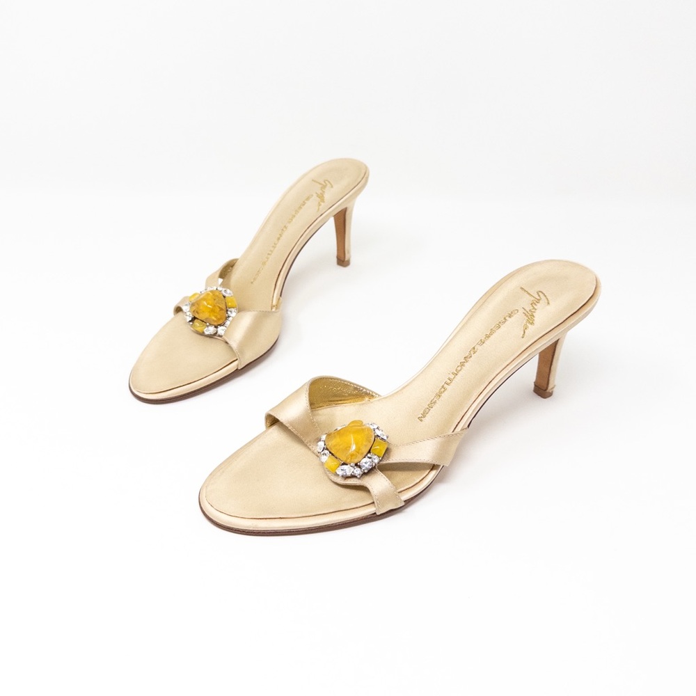 Giuseppe Zanotti Vintage Y2K Satin Stone Crystal Kitten Heel Sandals EU 38 Mules